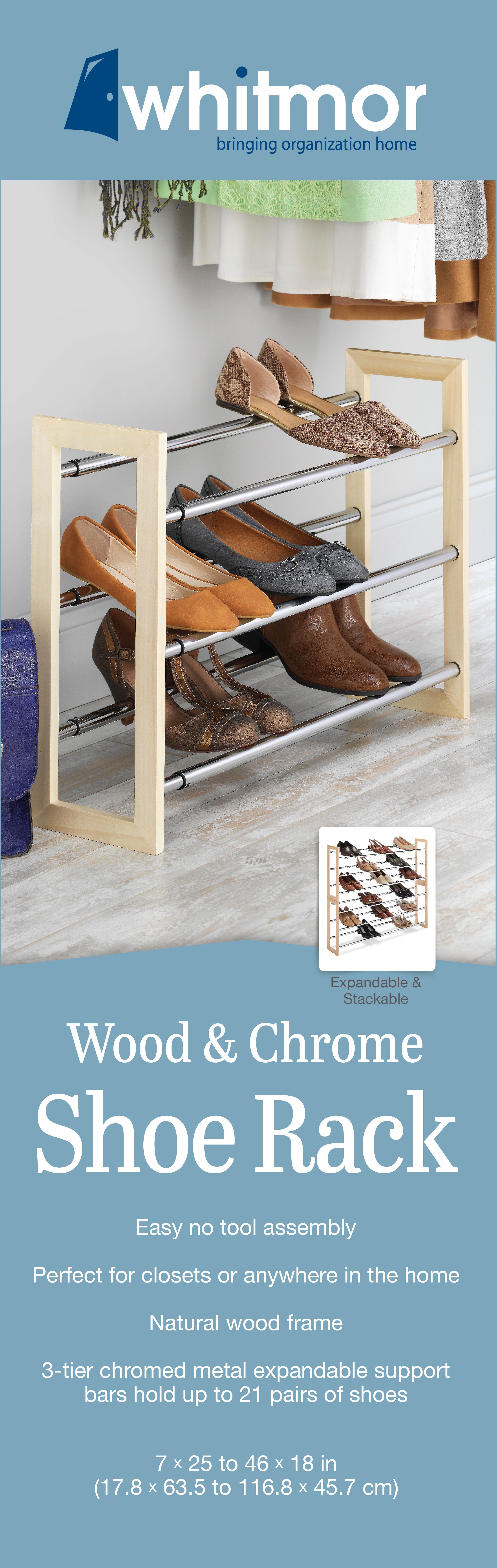 Whitmor 3-Tier Expandable Stackable Shoe Rack， Metal and Wood， Natural Wood and Chrome