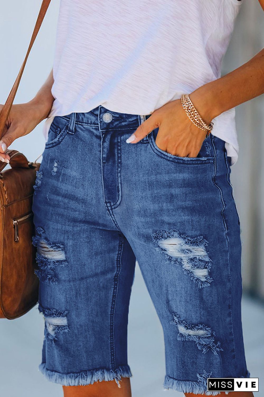 Ripped Tassel Mid Length Jeans Shorts Wholesale