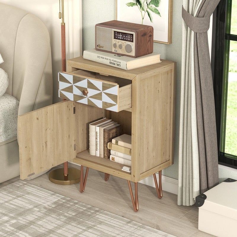 Modern Style Bedside Table Wooden Nightstand with One Drawer，One Shelf with Doors and Metal Feet - - 37061869