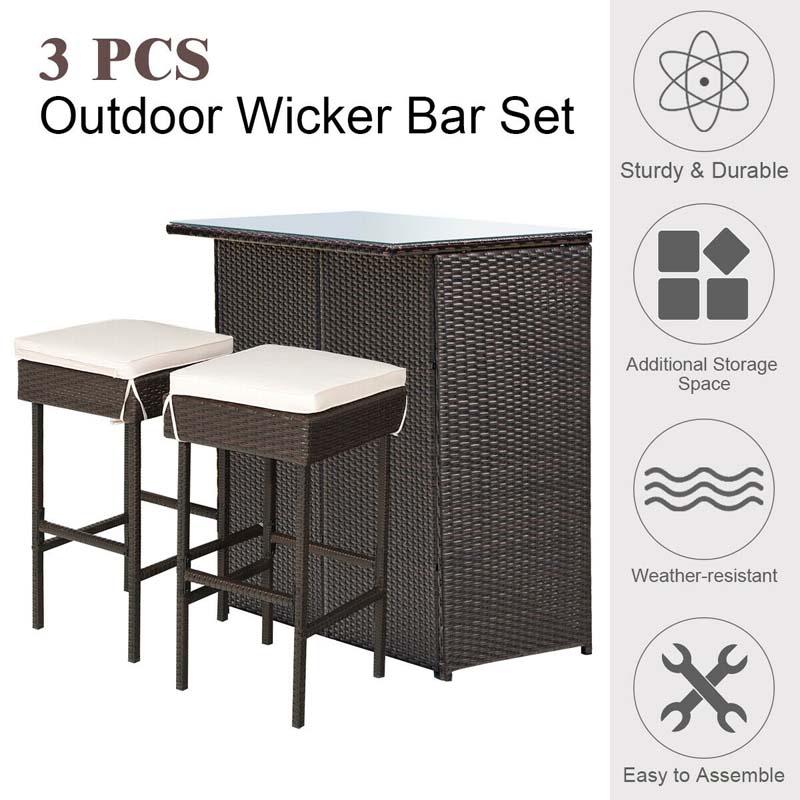 3 Pcs Rattan Patio Bar Dining Set Outdoor Counter Height Table Set with Cushioned Stools & Glass Top Table