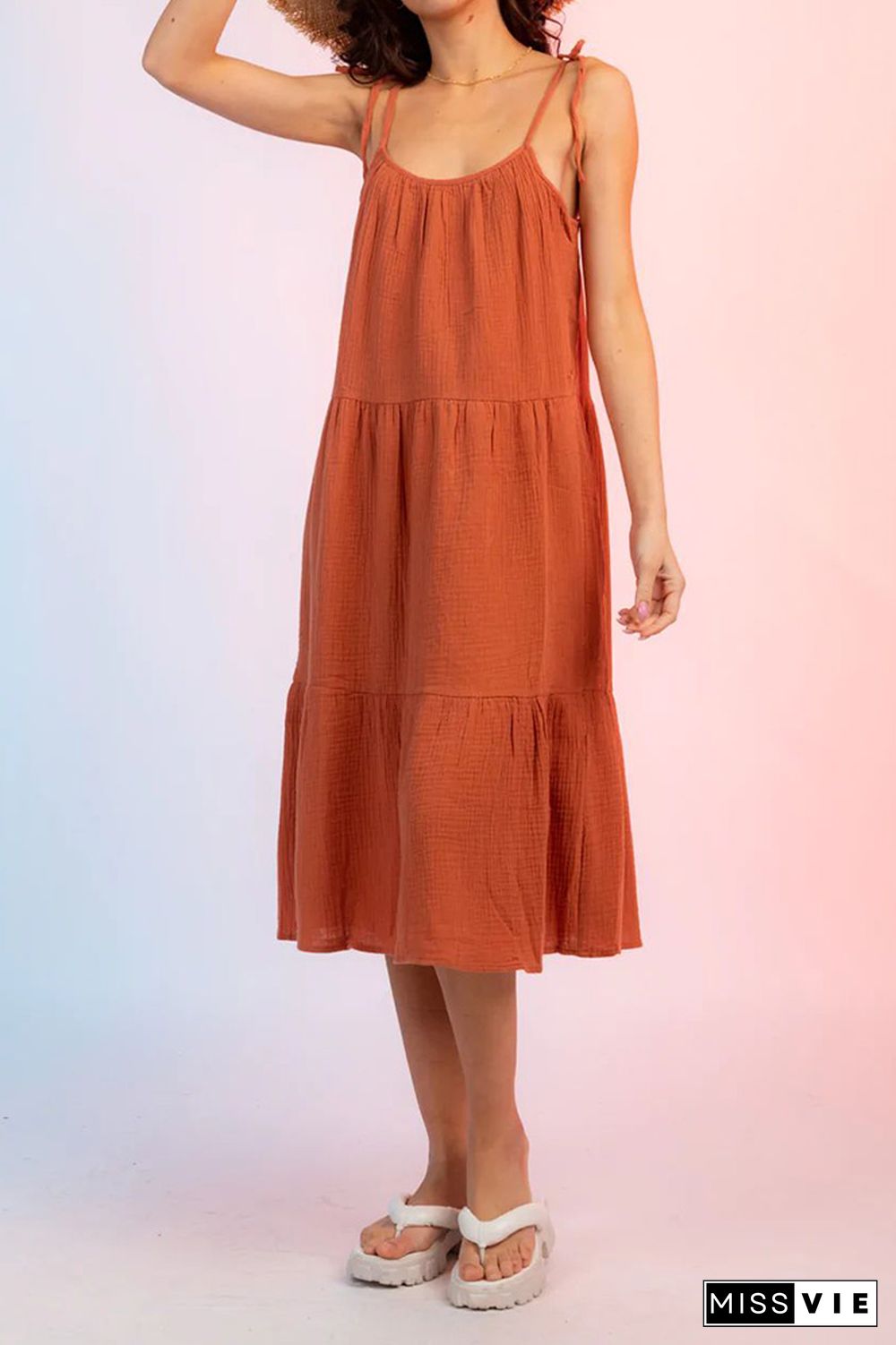 Plain Tie Cami Strap Tiered Midi Dress