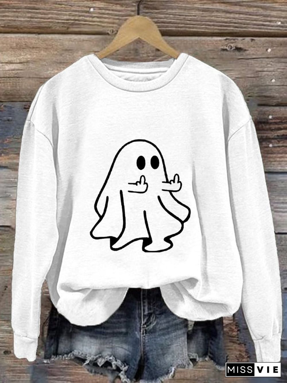 Women's Ghost Middle Finger Print Long Sleeve Sweatshirt