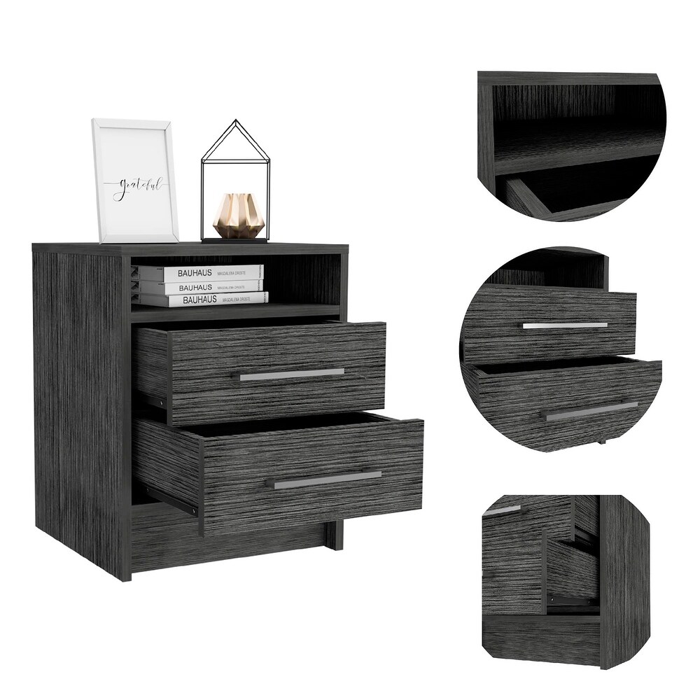 Wooden Nightstand with Two Drawers and Metal Handles