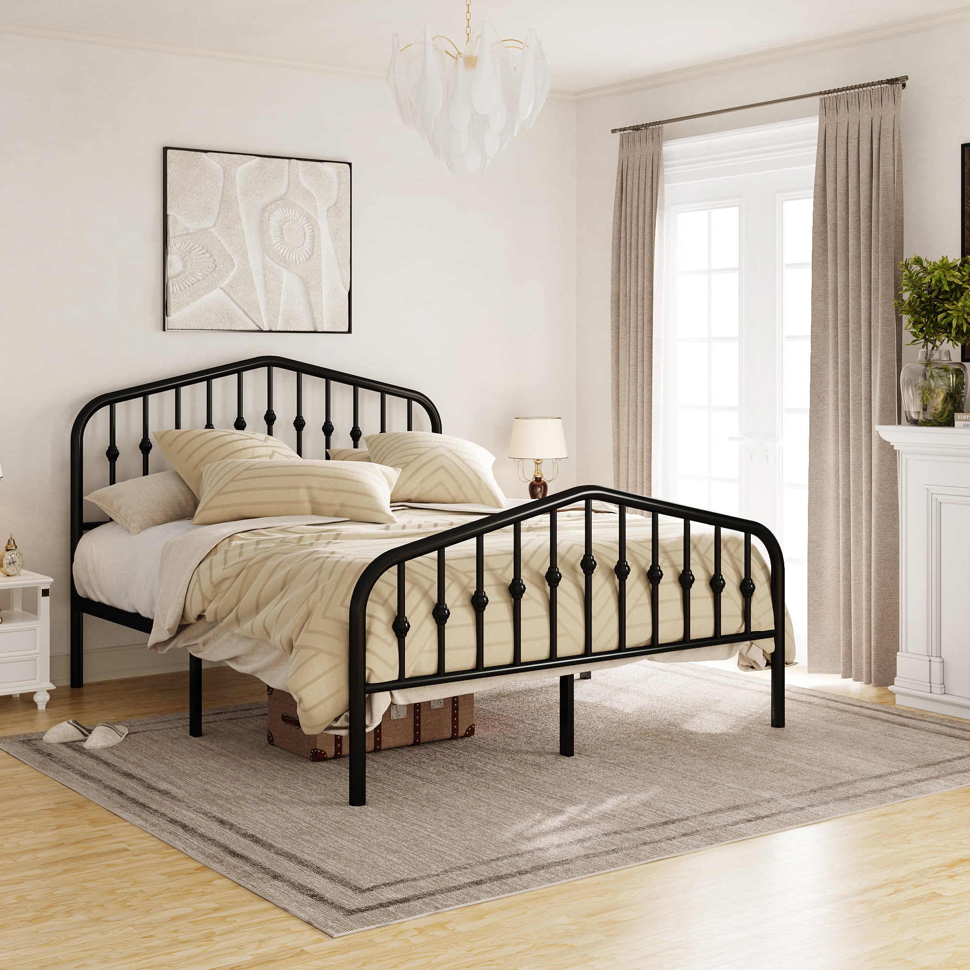 Amolife Queen Size Metal Bed Frame with Delicate Headboard and Footboard, Black