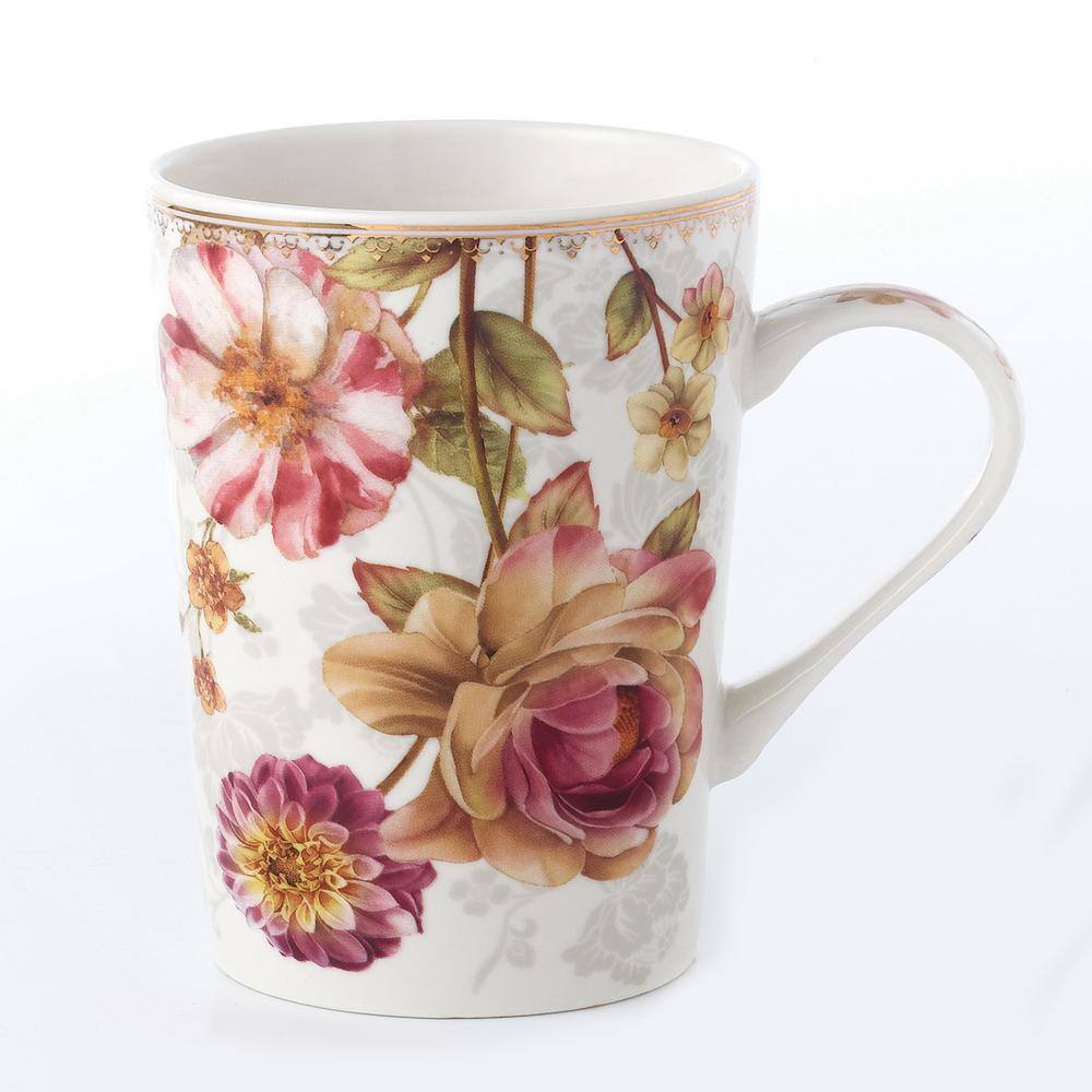 Lorren Home Trends 13 oz. Rose Floral Design Porcelain Coffee Mug (Set of 4) 400-102