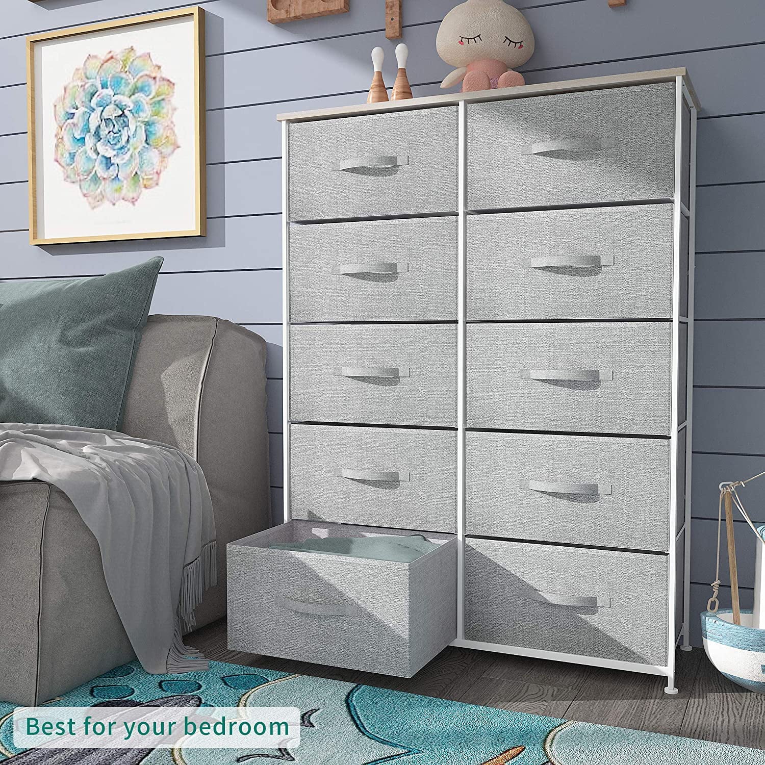 YITAHOME 10 Drawer Dresser - Fabric Storage Tower, Organizer Unit for Bedroom, Living Room, Hallway, Closets & Nursery - Sturdy Steel Frame, Wooden Top & Easy Pull Fabric Bins (Cool Gray)