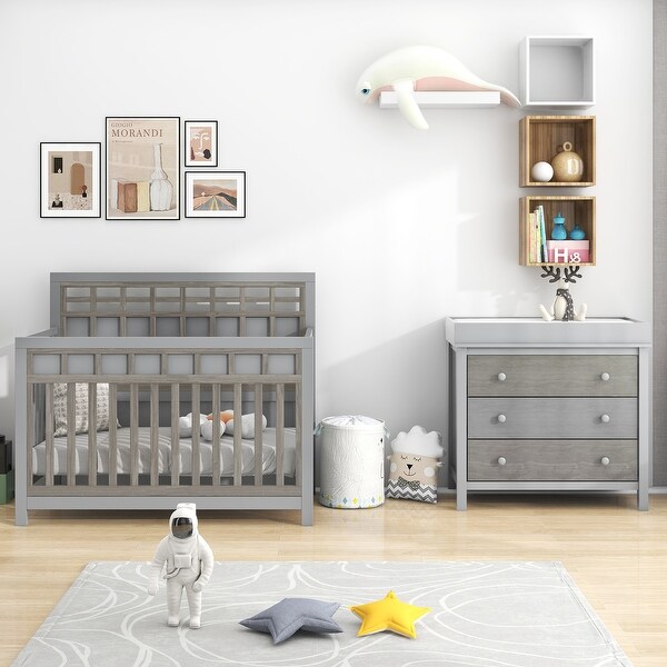 3 Pieces Nursery Sets Baby Crib and Changer Dreeser with Removable Changing Tray - - 37797197