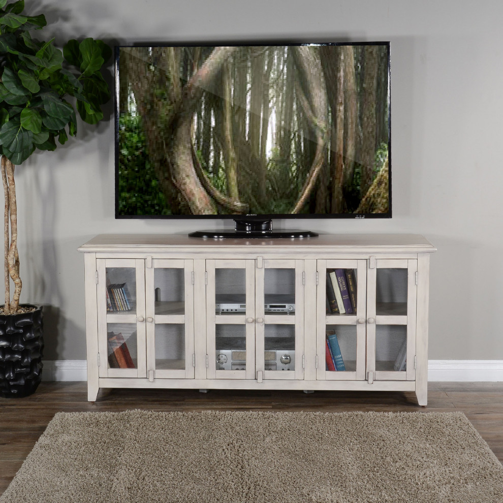 70 quotDistressed White TV Stand Media Console Glass Doors Storage Cabinet   Farmhouse   Entertainment Centers And Tv Stands   by Sideboards and Things  Houzz