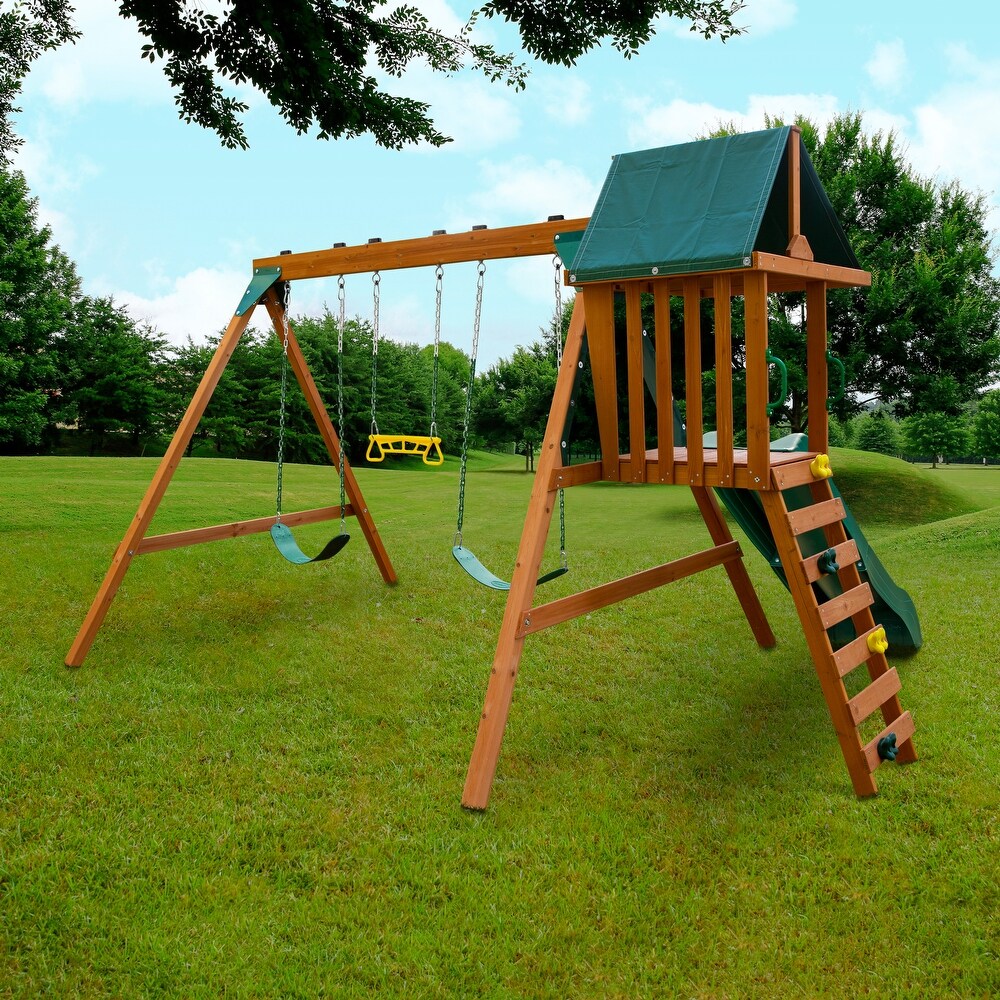 Swing N Slide Ranger Plus Wood Swing Set with Wave Slide and Rock Climbing Wall   Cedar   11' W x 12' D x 7.67' H