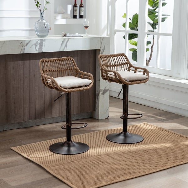 Swivel PE Rattan Bar Stools Set of 2 Adjustable Counter Height Chairs