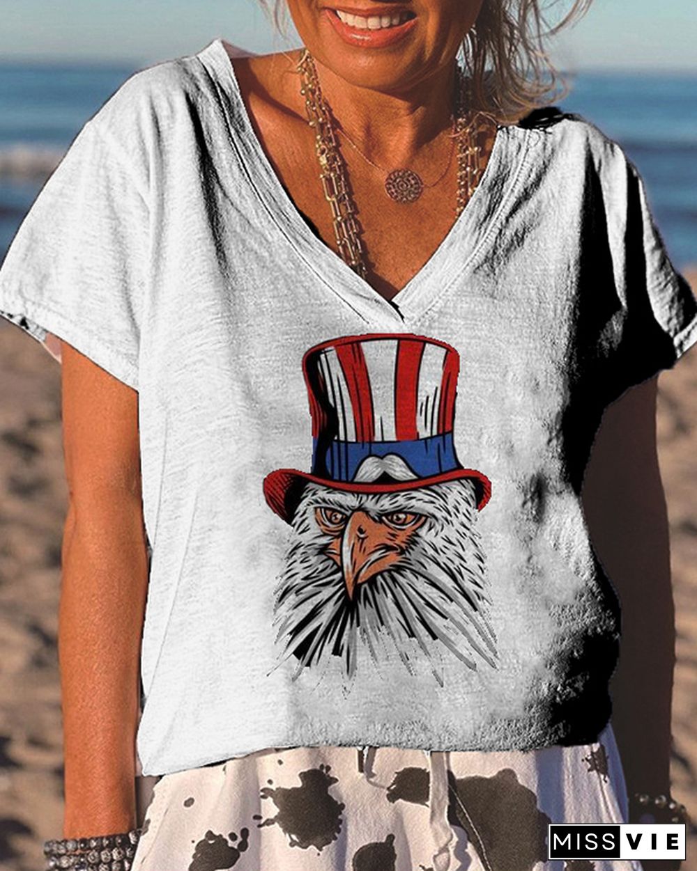 Eagle with Hat Print Casual Short Sleeve T-shirt