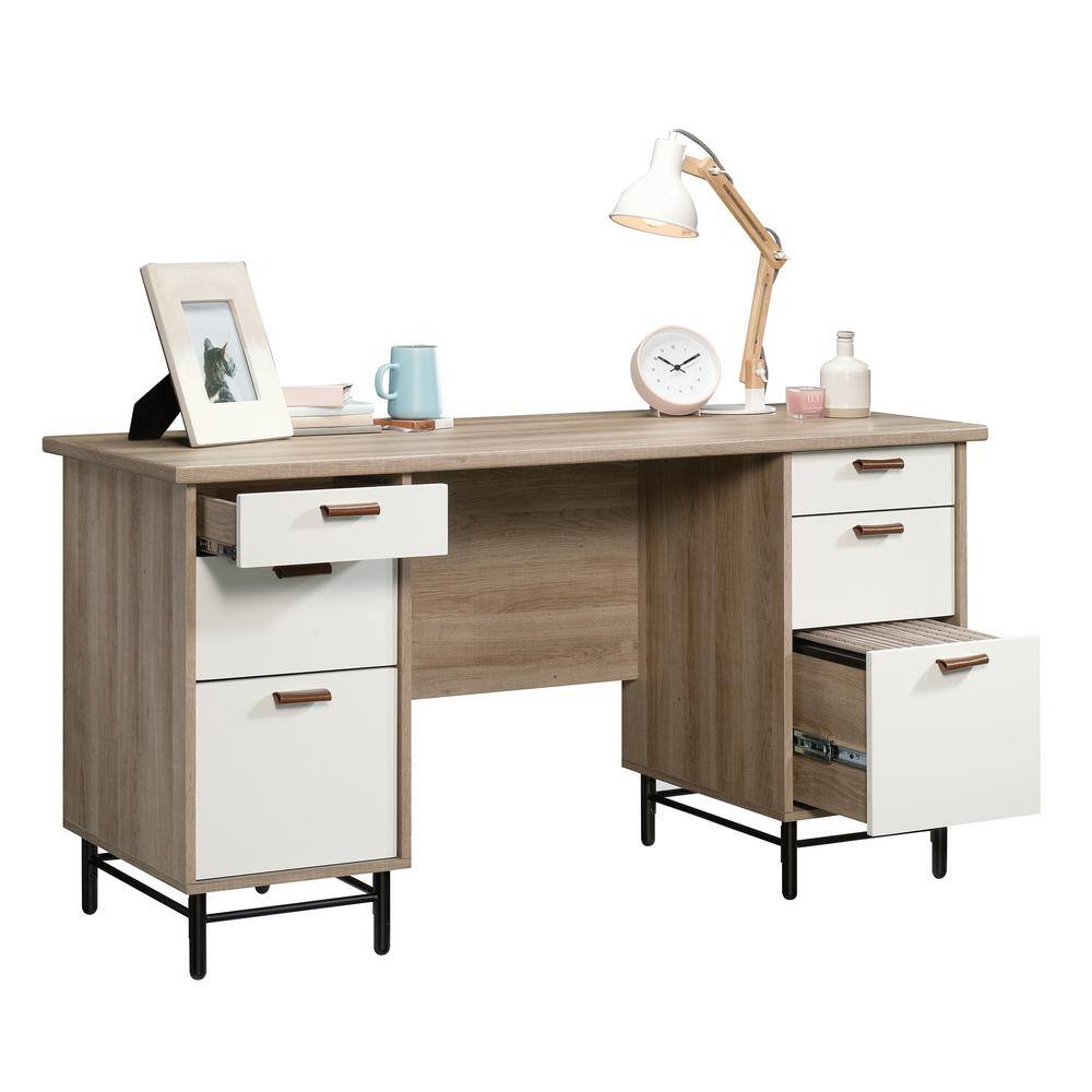 SAUDER 57 in. Rectangular Sky Oak 6 Drawer Executive Desk with File Storage 423235