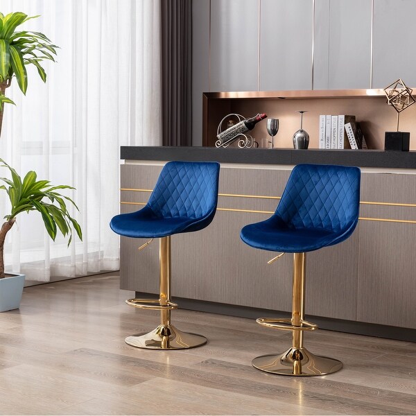 Set of 2 Bar Stools，With Chrome Footrest and Base Swivel Height Adjustable Mechanical Lifting Velvet， Golden Leg