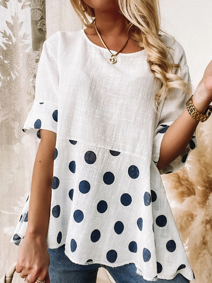 Vintage Polka Dot Print Crew Neck Short Sleeves Blouse