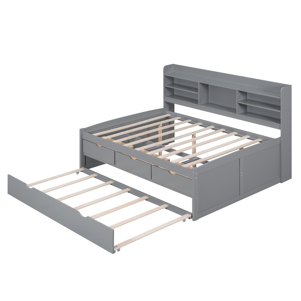 Full Size Storage Daybed with Trundle  Drawers  Bookcase  Solid Wood Captains Bed Frame for Kids Guests  No Box Spring Needed