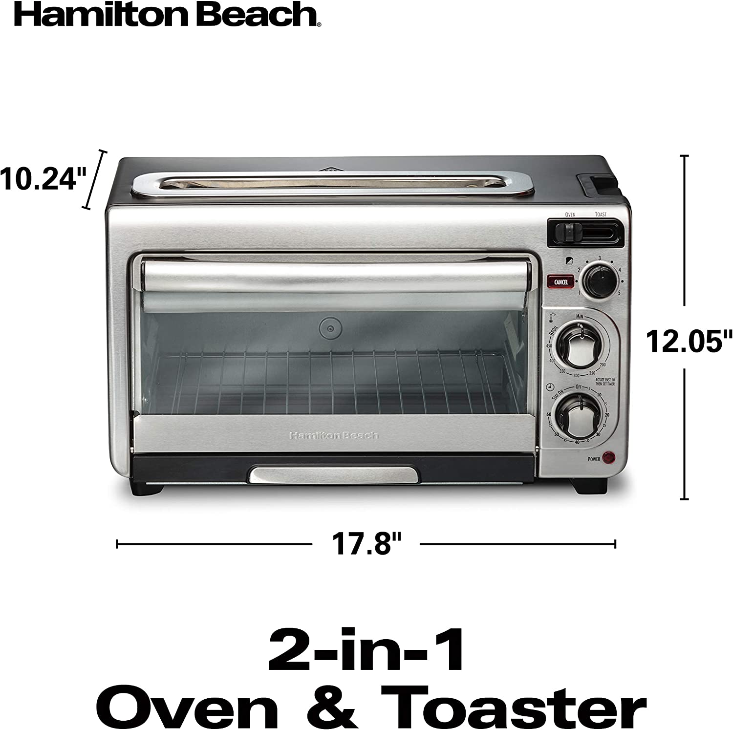 Hamilton Beach 2-in-1 Countertop Oven and Long Slot Toaster， Stainless Steel， 60 Minute Timer and Automatic Shut Off (31156)