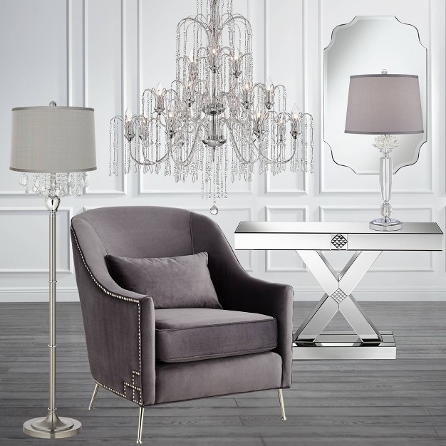 Tall Satin Steel Chrome Crystal Chandelier Platinum Gray Silk Drum Shade For Living Room Reading Bedroom