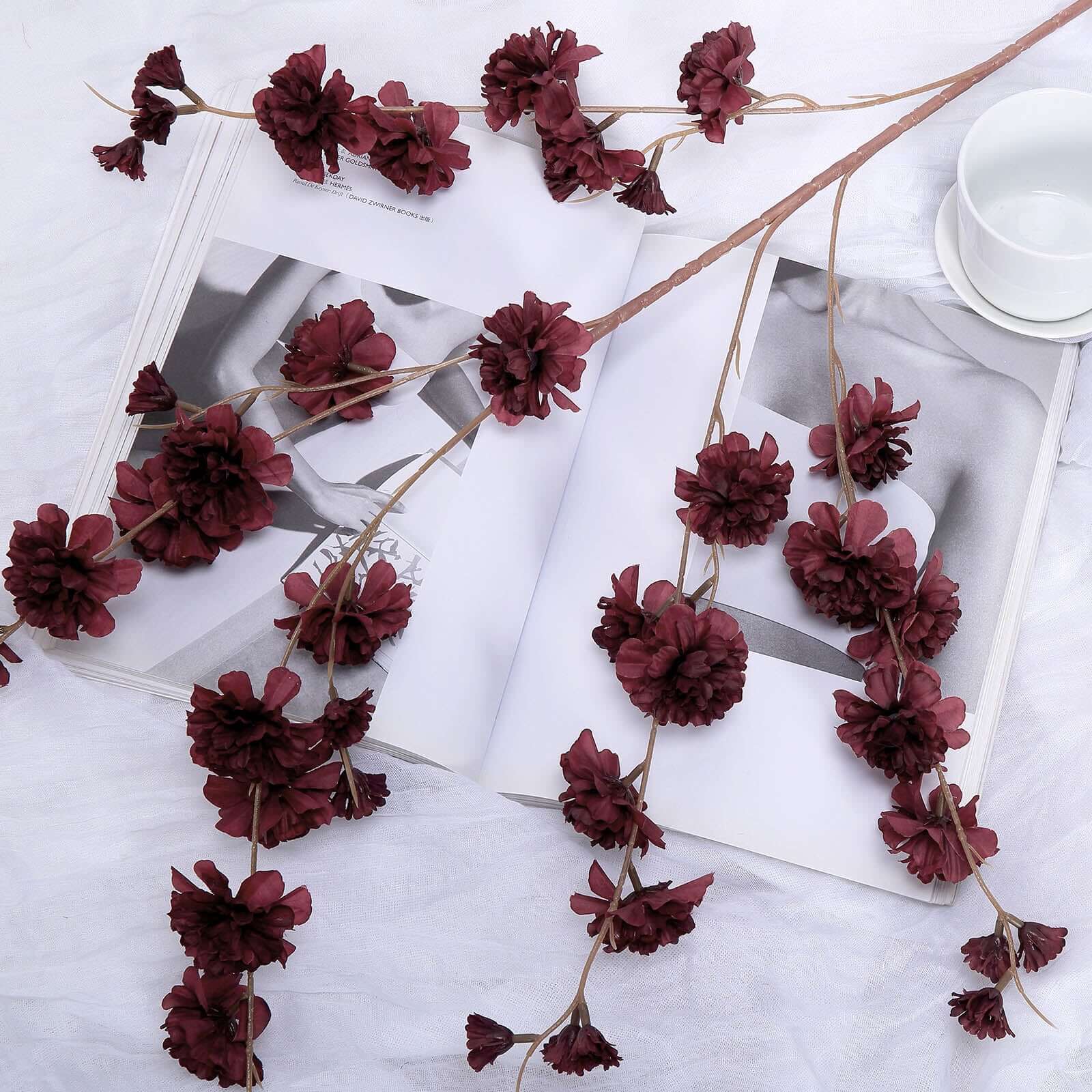 2 Branches Burgundy Artificial Silk Carnation Flower Stems 42