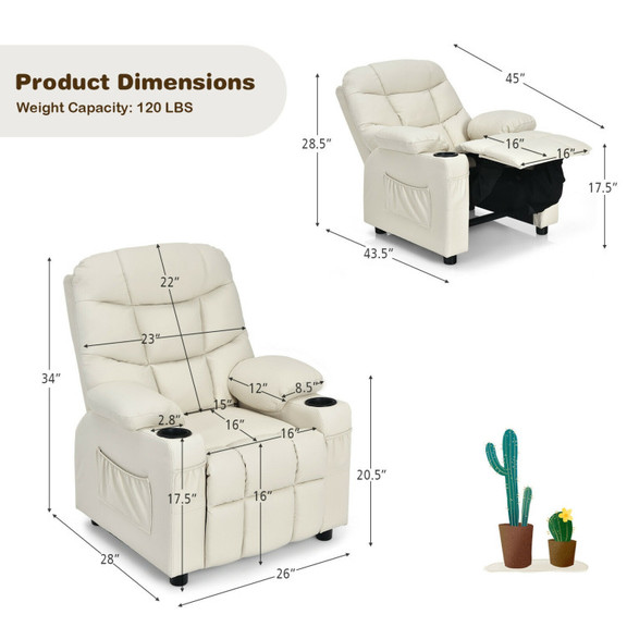 Costway 24639781 PU Leather Kids Recliner Chair wi...