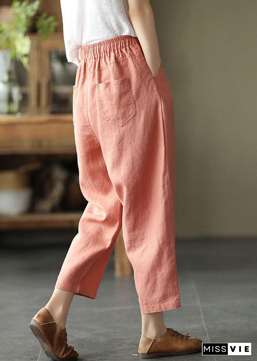 French Pink Casual Loose Patchwork Summer Linen Pants