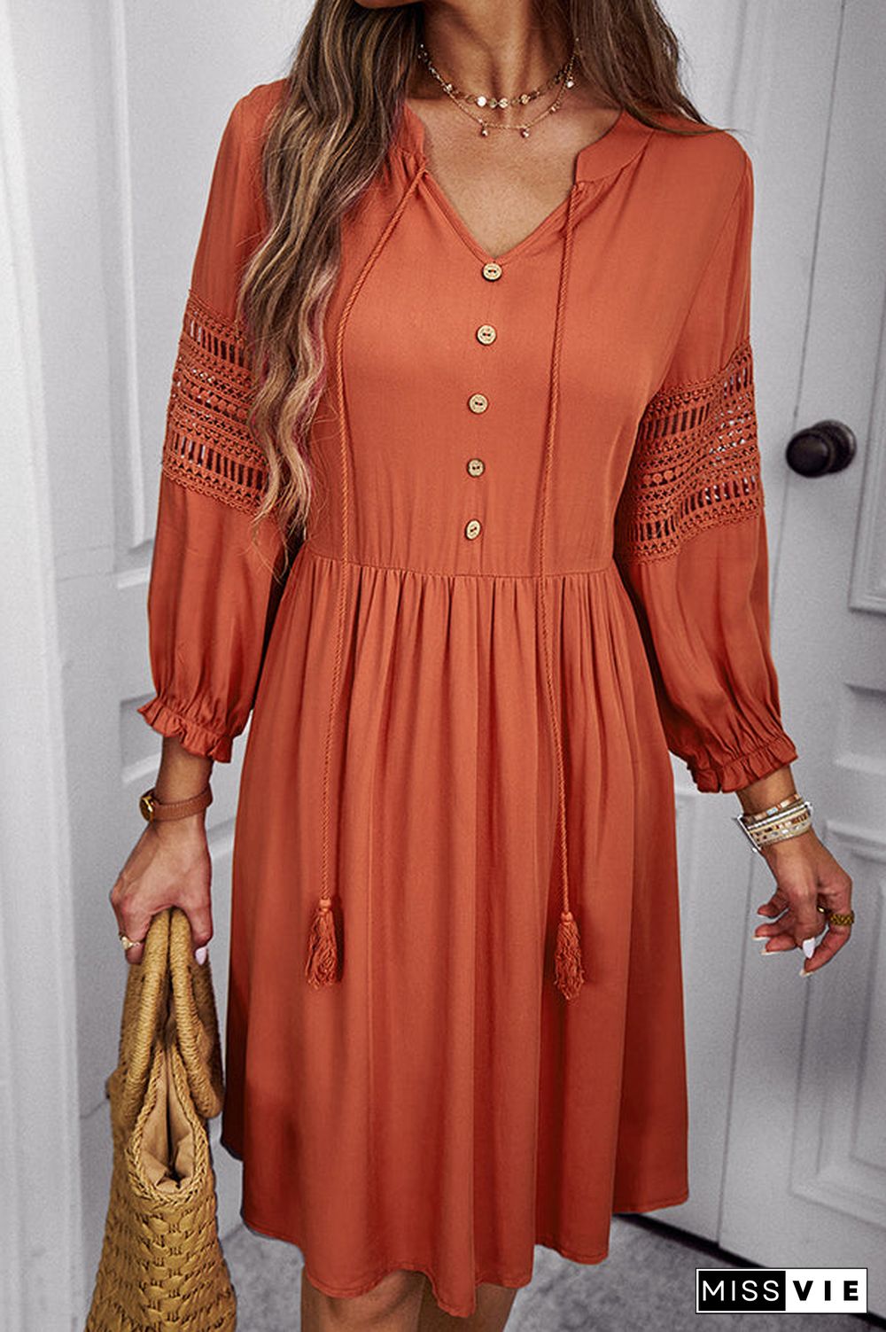 Solid Color V Neck Long Sleeve Casual Dress