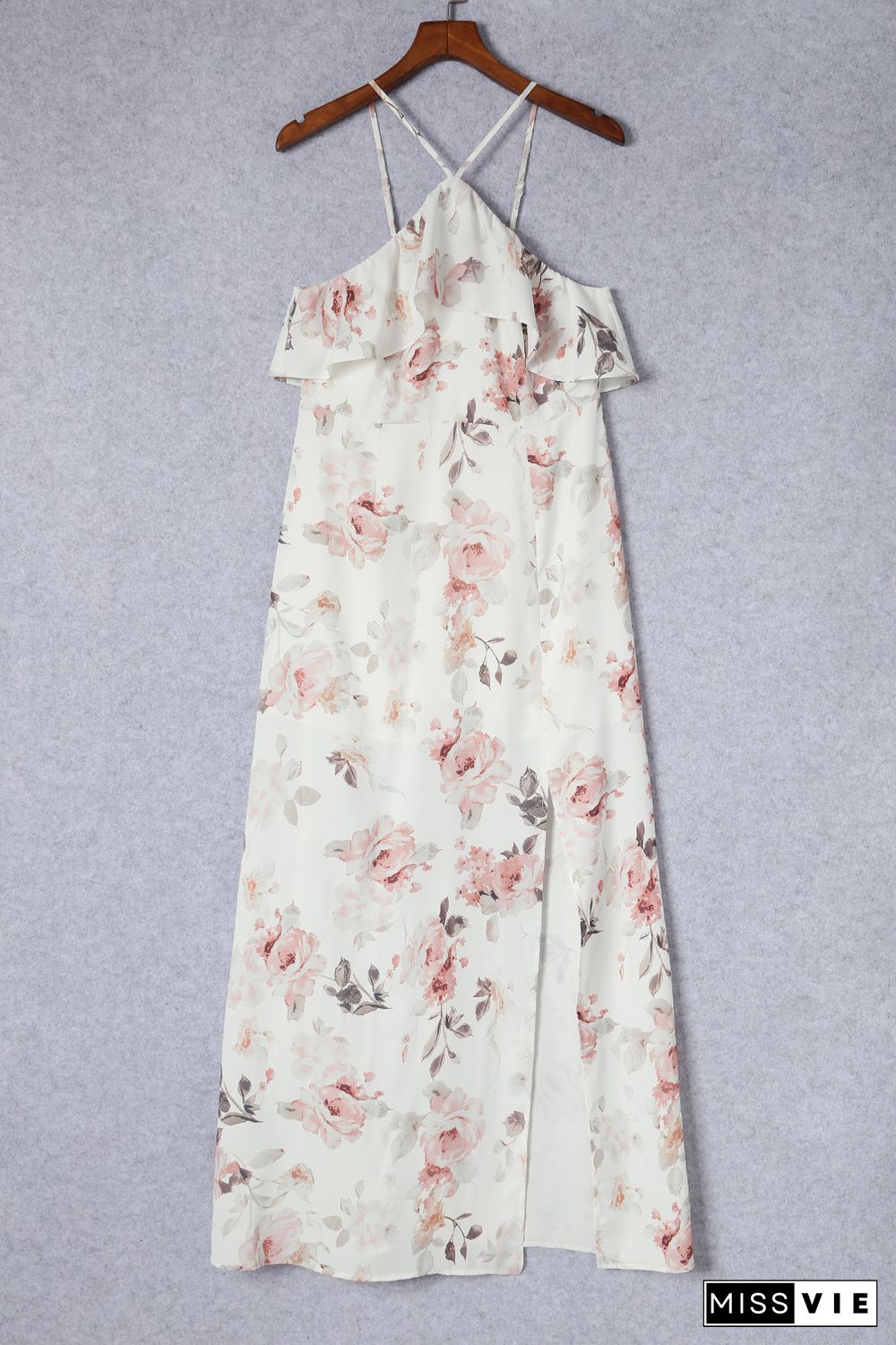 White Floral Slit Ruffled Halterneck Maxi Dress