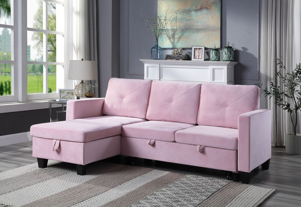 Nova Pink Velvet Reversible Sleeper Sectional Sofa with Storage Chaise   Contemporary   Sleeper Sofas   by Lilola Home  Houzz