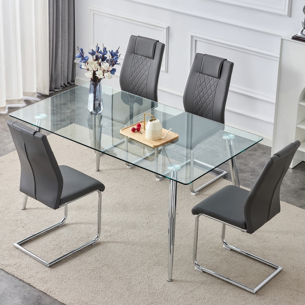 5 PCS Dining Table Set Table and Chair Set w 1 Table and 8 Chairs Glass Table Top Metal Table Legs