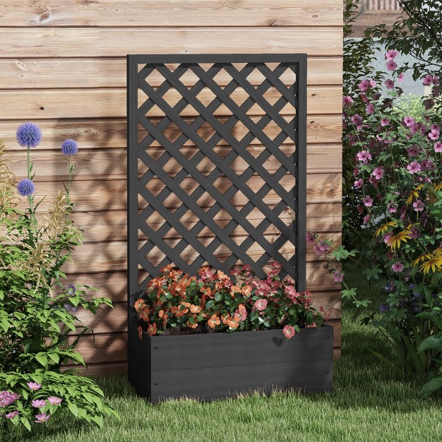 Outsunny Raised Garden Bed W/ Trellis Lattice， Drainage Gap， Freestanding Trellis Planter For Climbing Plants， Vines， Flowers， Black