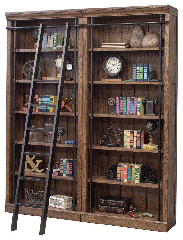 8  x27Tall Bookcase Wall With Ladder  Storage Organizer  Brown   Industrial   Bookcases   by Martin Furniture  Houzz