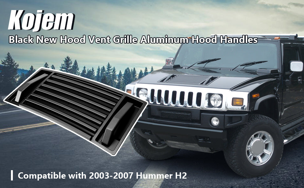 Kojem Hood Grille W/ Handles Hood Vent + Handle Hood Deck Vent Panel Handle Covers Trim Louver Compatible with 2003-2007 Hummer H2 Black