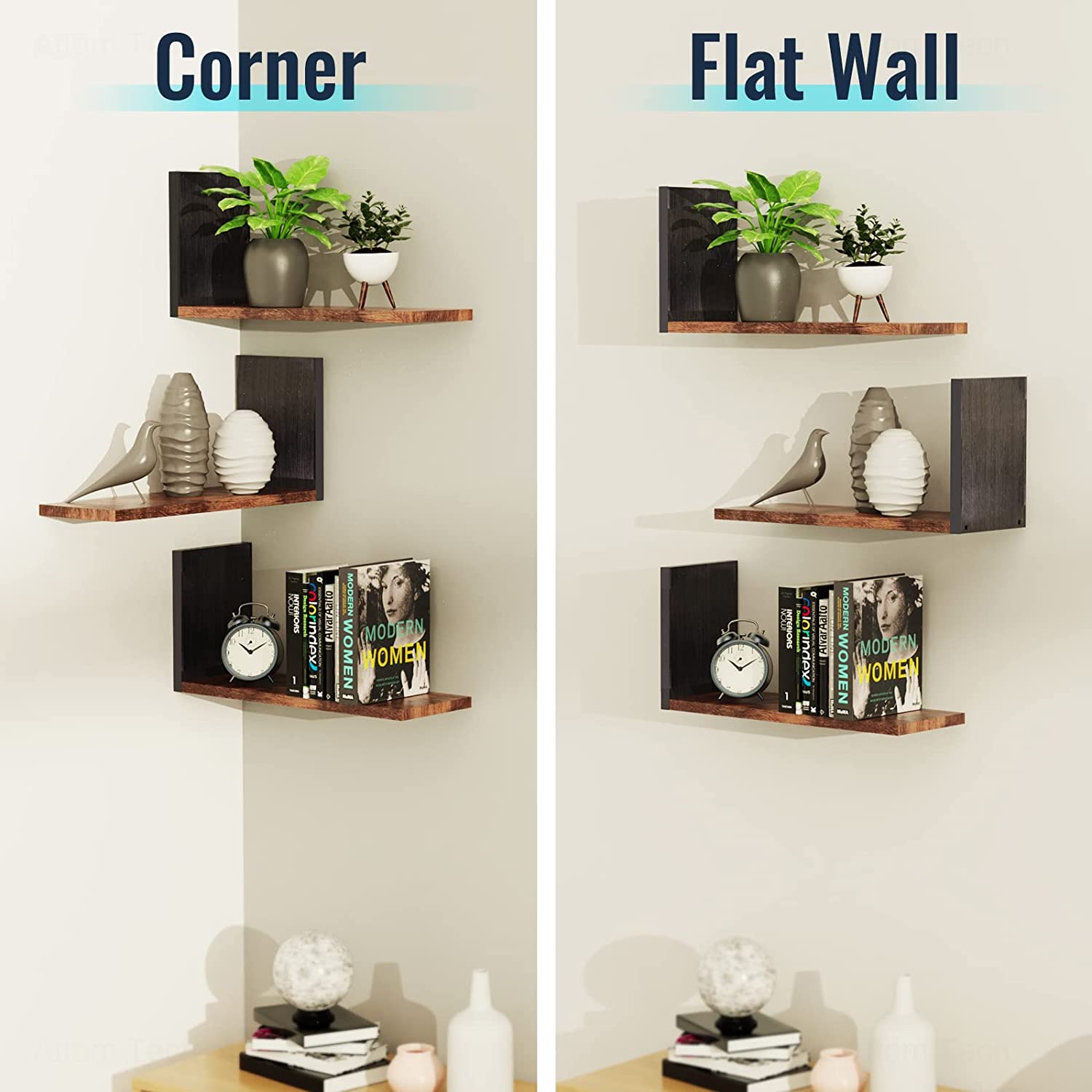 NiHome Floating Wall Shelves 3-Pack, Hanging Corner Shelves, Rustic Wood Book Shelves, Corner Bookshelf for Bedroom, Living Room, Bathroom, Wall Mounted Decor (Black & Brown)