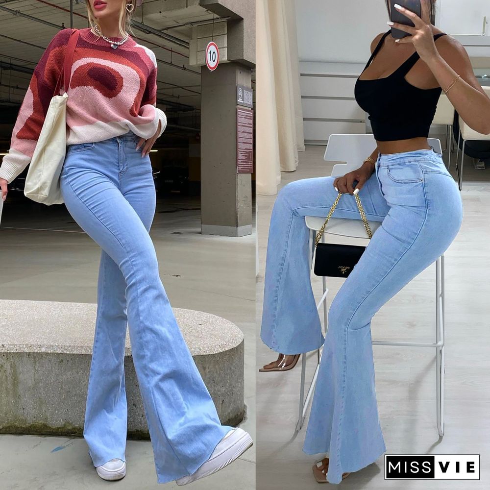 High Waist Zipper Stretch Flare Jeans Pants