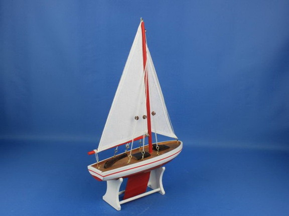 Handcrafted Model Ships Sailboat Red White Sails 1...