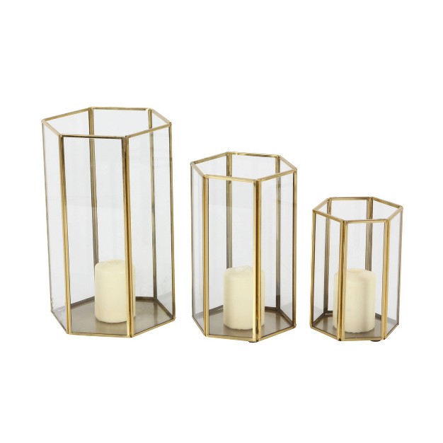 Set Of 3 Modern Metal And Glass Candle Holders With Hexagon Silhouettes Gold Cosmoliving By Cosmopolitan