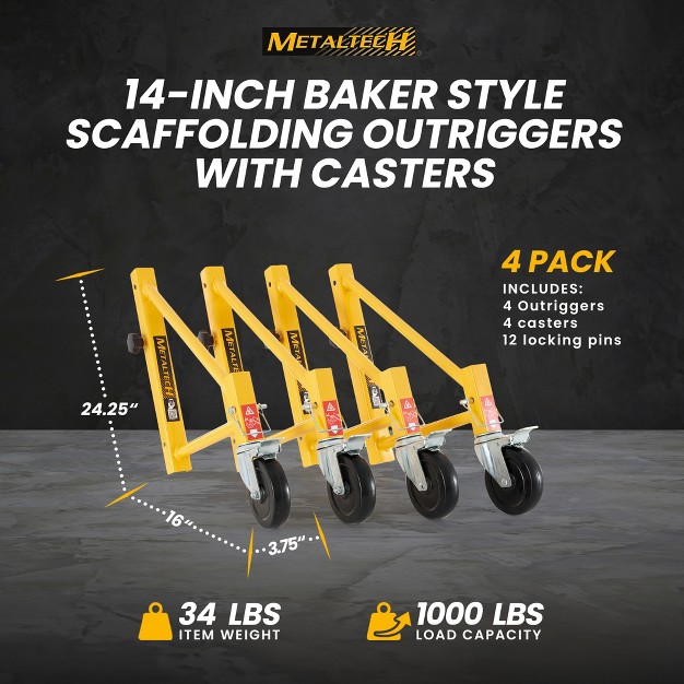 Metaltech Set Of 14 inch Baker Style 6 Foot Scaffolding Safety Accessory Outriggers With Casters 4 Pack