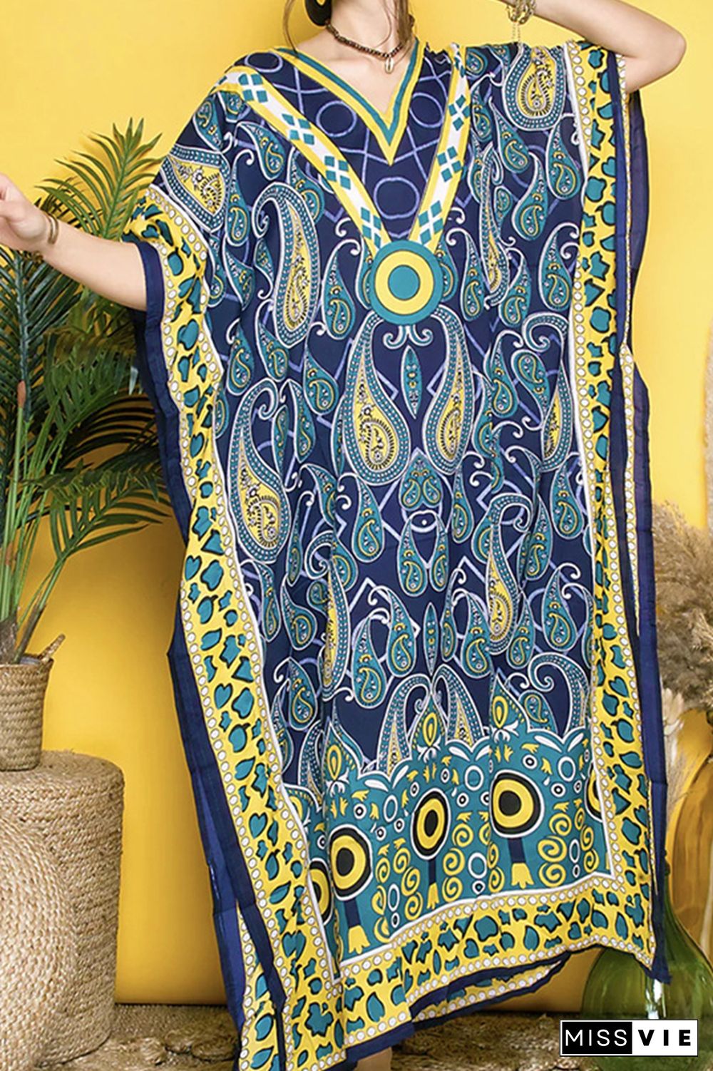 V Neck Ethnic Print Kimono Cover Up Dress