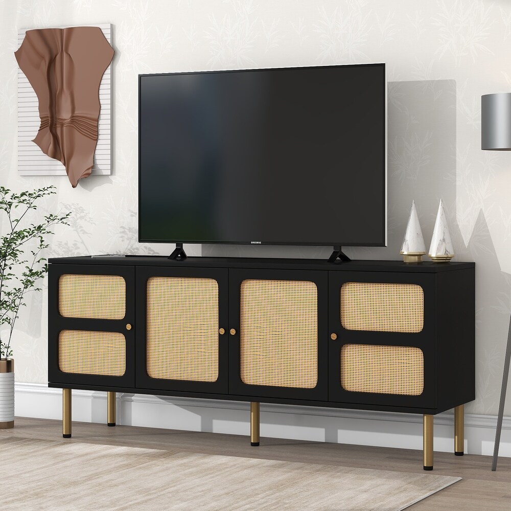 Boho Style TV Stand with Rattan Door  Media Console Table for TVs Up to 70\