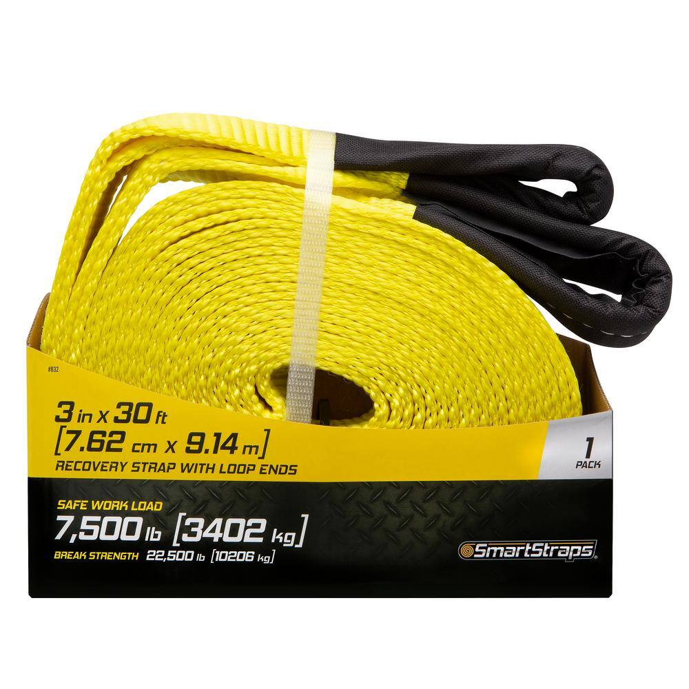 SmartStraps 30 ft. 7500 lb. Working Load Limit Yellow Recovery Tow Rope Strap with Loop Ends 832