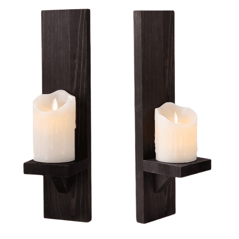 Set of 2 Wooden Wall Black Sconce Candle Holder for Pillar and LED Candles， Modern Wall-Mount Candleholders