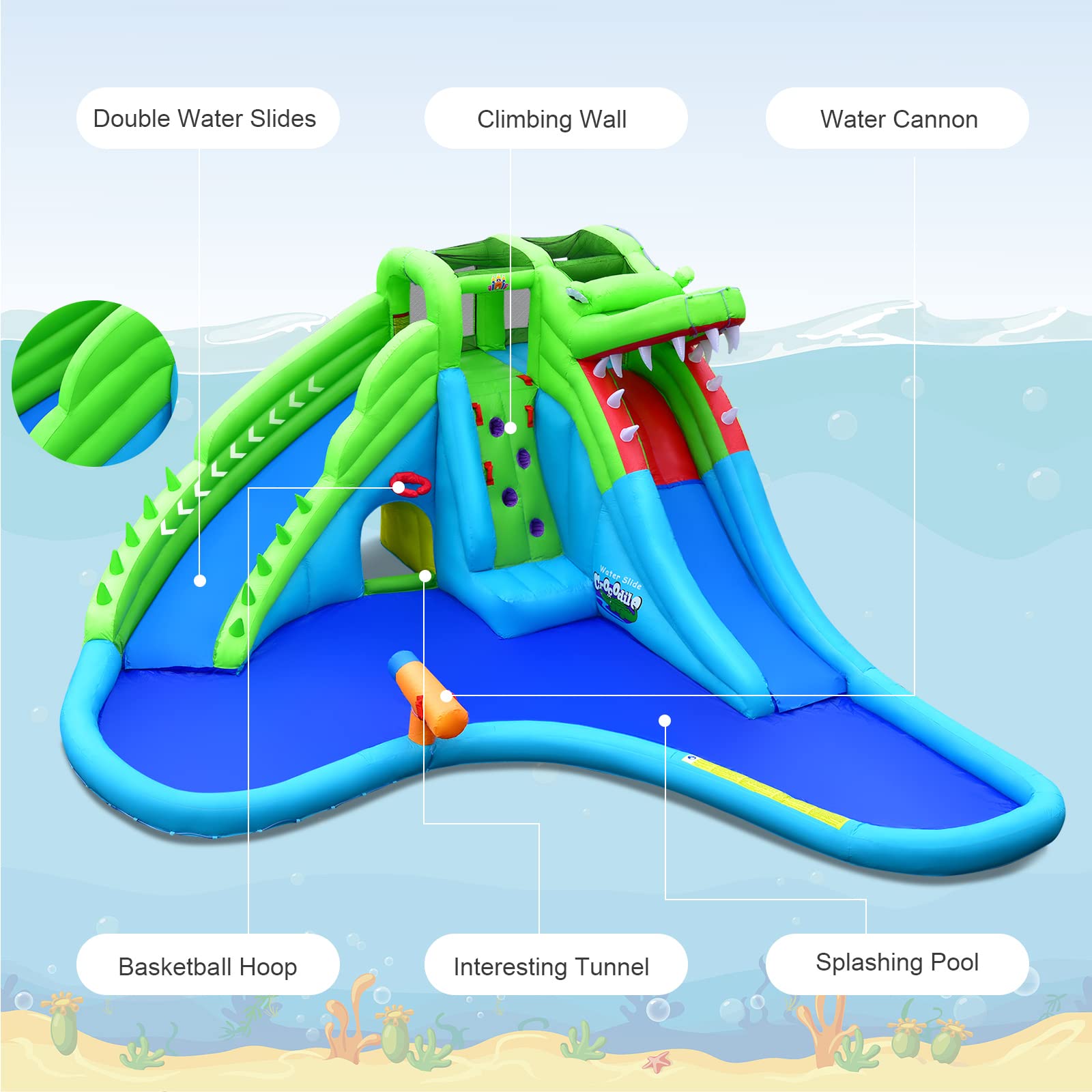 BOUNTECH Inflatable Water Slide for Kids | 7 in 1 Crocodile Mighty Water Park