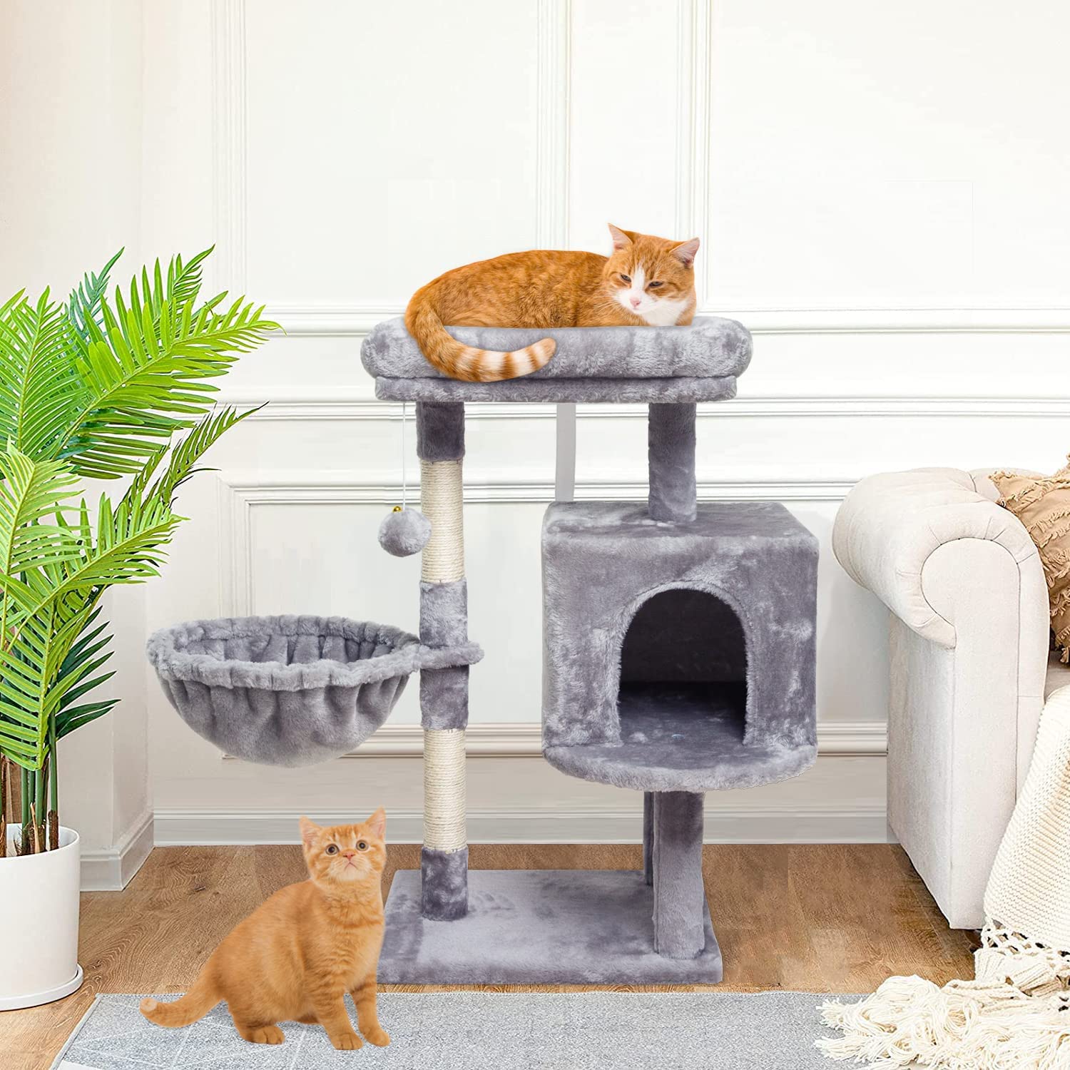 Small Cat Tree for Indoor Cats, Activity Cat Tower, Condo with Scratching Post for Kittens, Climbing Stand with Basket & Hanging Ball for Play Rest (Grey)