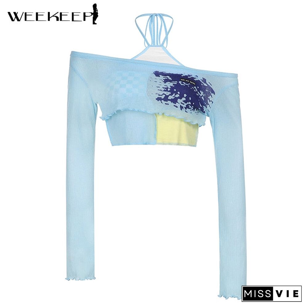 Weekeep Cute Patchwork T-Shirt Two Piece Women Long Sleeve Transparent Tee And Tie Up Halter Cropped Tops Summer Kawaii Harajuku