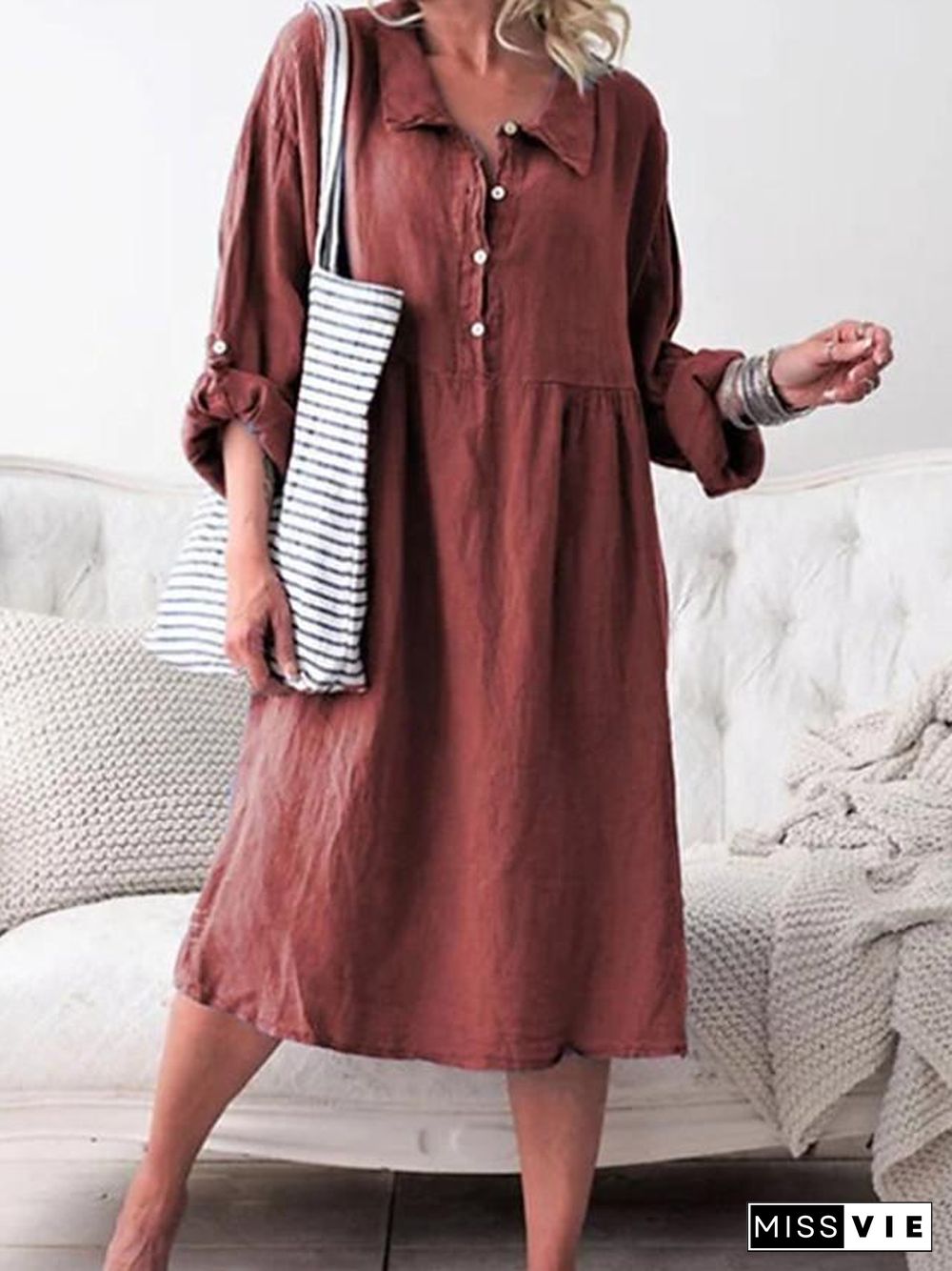 Women's Shirt Dress Midi Dress - Long Sleeve Solid Color Shirt Collar Hot Denim Blue Purple Army Green Orange Khaki S M L XL XXL Linen