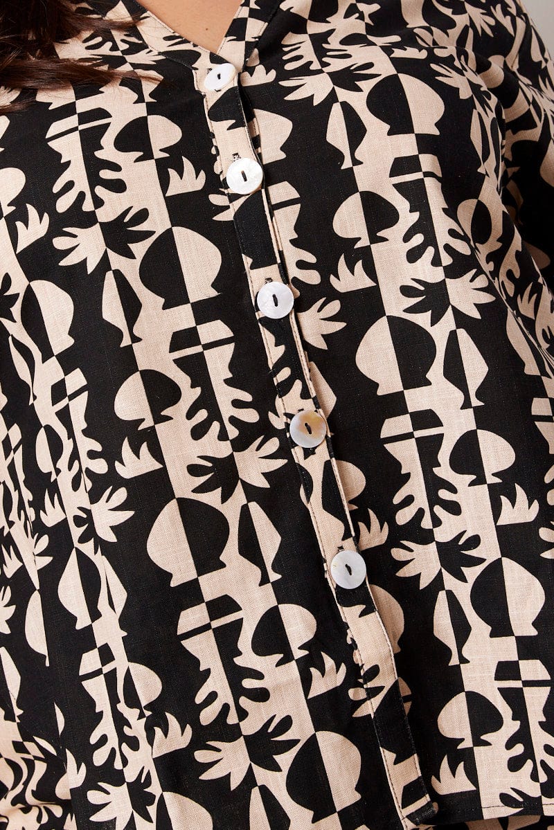 Black Abstract Relaxed Shirt Short Sleeve Linen Blend