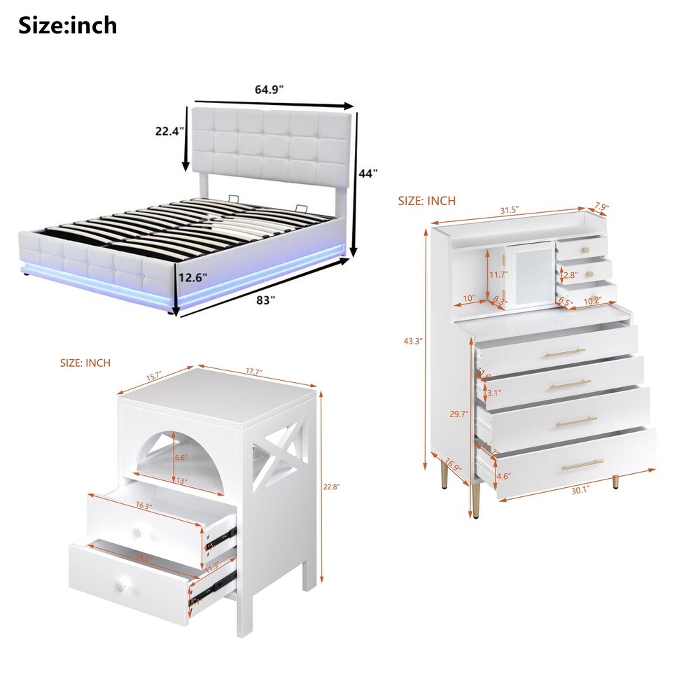 Queen Size Upholstered Bed with LED Lights and Hydraulic Storage System  Two Nightstands with Mirror and Retractable Table