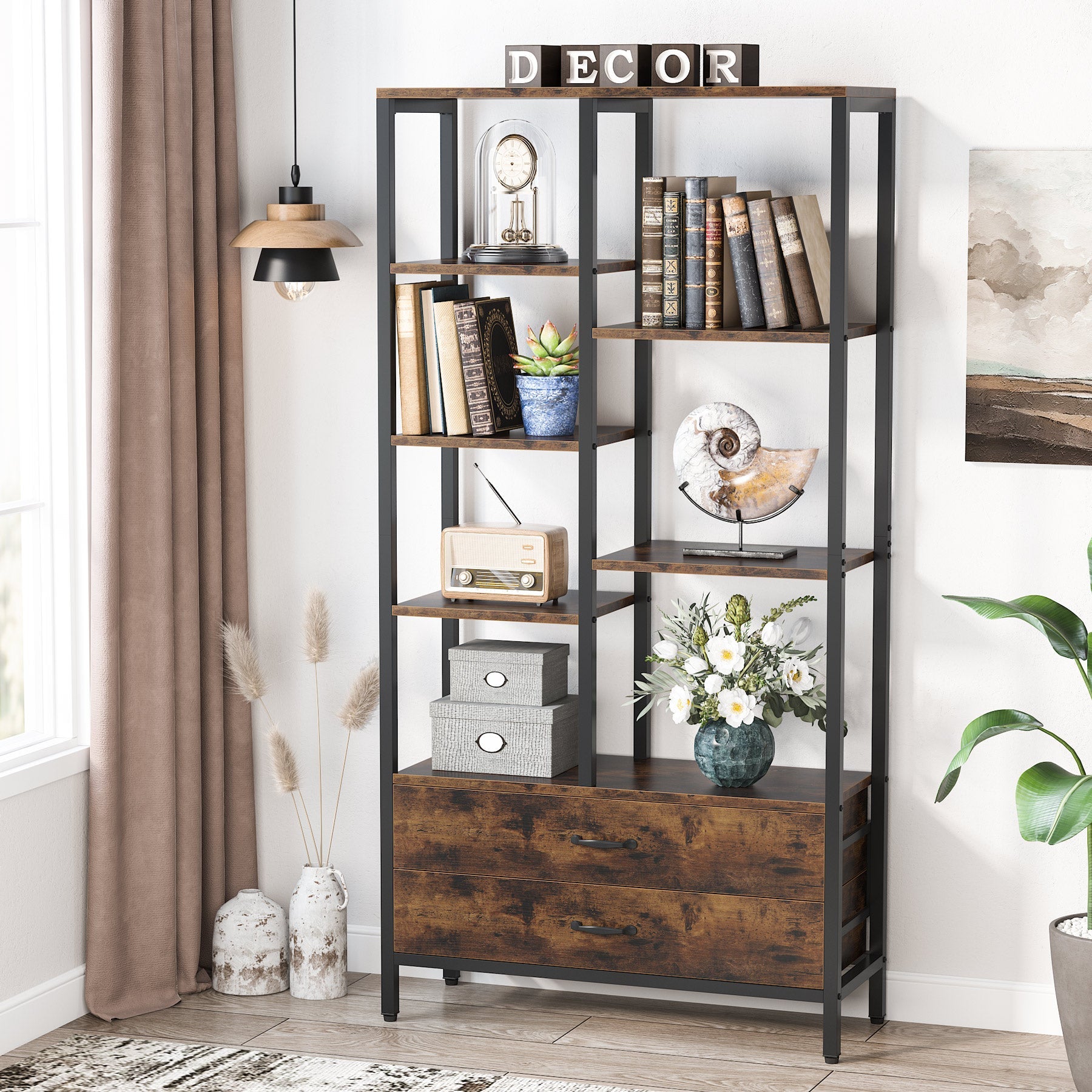 67 Bookshelf, Freestanding Etagere Bookcase with 2 Drawers & Shelves