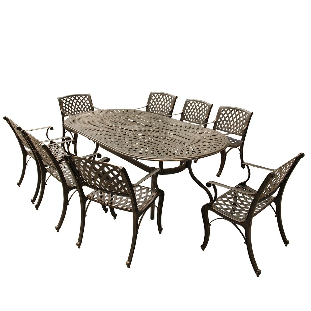 Outdoor Lattice 95 inch Bronze Oval Dining Set with Eight Arm Chairs