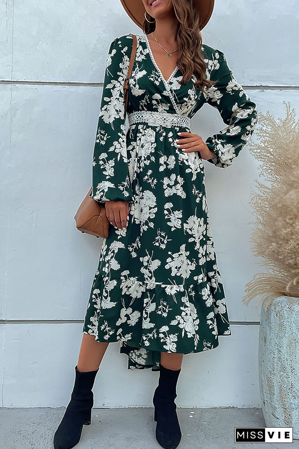 Green Wrap V Neck High Waist Floral Maxi Dress