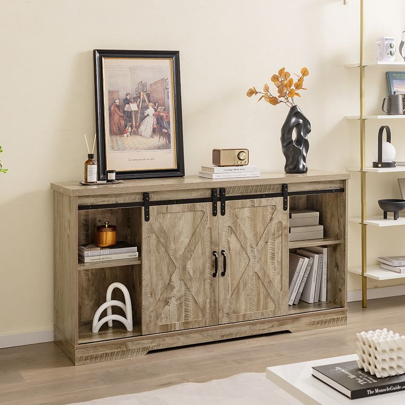 Farmhouse Tv Stand Entertainment Center With Adjustable Shelves And Storage Cabinet